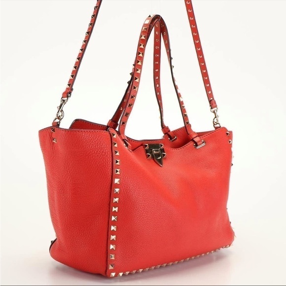 Valentino Rockstud Medium Trapeze Tote Red Leather Studded Luxury Designer - Picture 4 of 7